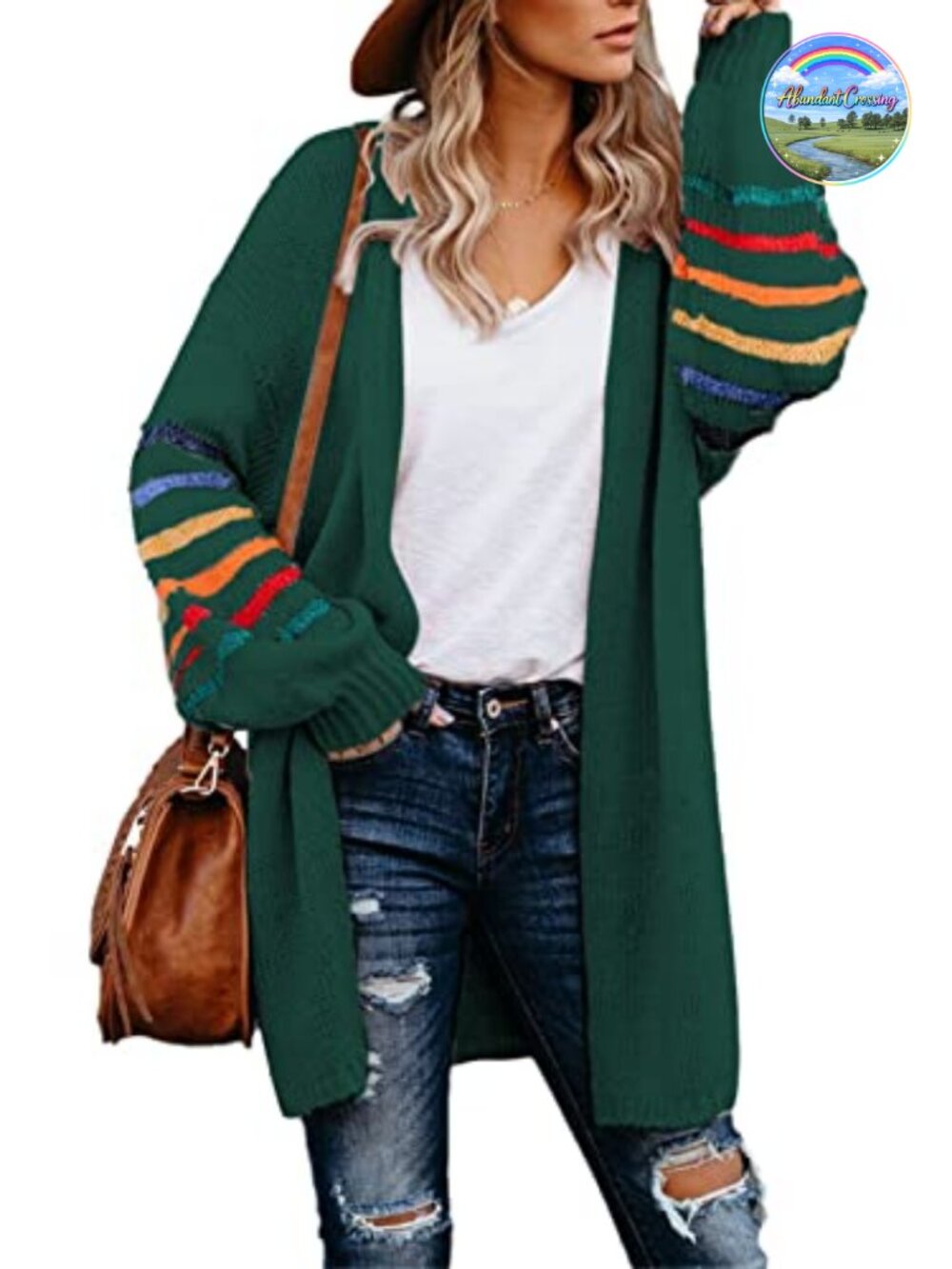 Women's Striped Balloon Sleeve Open Front Knit Cardigan Sweater Coat